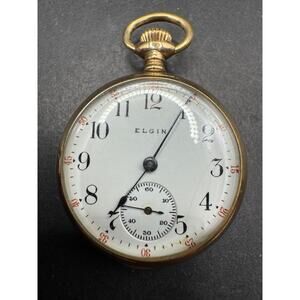 Vintage Elgin Yellow Gold Filled Open Face Manual Wind Up Pocket Watch 7 Jewels